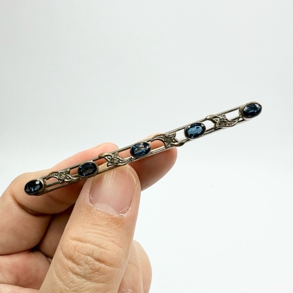 None Jewelry - Vintage Antique Blue Clear Rhinestones Holiday Brooch